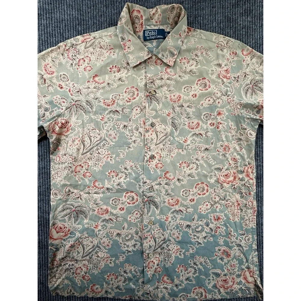 Polo Ralph Lauren Shirt Mens Medium Blue Floral Roses Short Sleeve Button Up VTG